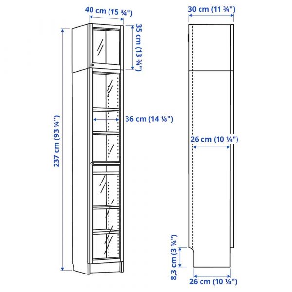 БИЛЛИ / ОКСБЕРГ Шкаф книжный со стеклянной дверью (дубовый шпон беленый) 40x237x30 см - 992.874.42