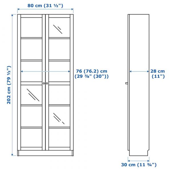 БИЛЛИ Шкаф книжный со стеклянными дверьми, серо-бирюзовый/дубовый шпон, беленый 80x30x202 см - 004.662.68
