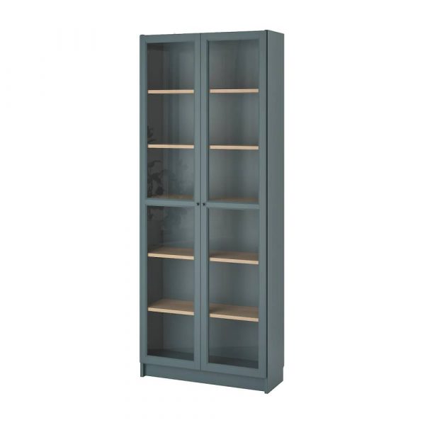 БИЛЛИ Шкаф книжный со стеклянными дверьми, серо-бирюзовый/дубовый шпон, беленый 80x30x202 см - 004.662.68