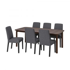 СТРАНДТОРП / БЕРГМУНД Стол и 6 стульев, коричневый/Гуннаред классический серый 150/205/260 см - 294.410.60