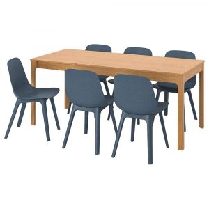 ЭКЕДАЛЕН / ОДГЕР Стол и 6 стульев, дуб/синий 120/180 см - 794.830.19