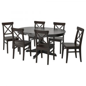 ИНГАТОРП / ИНГОЛЬФ Стол и 6 стульев, черный/коричнево-чЕрный 110/155 см - 894.833.11